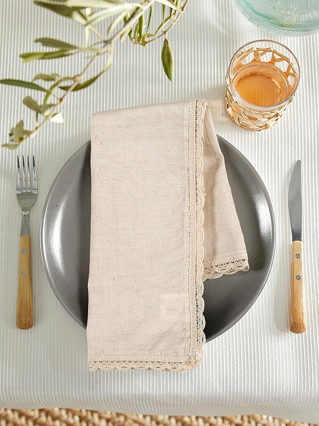 Ramanta Home Natural Coth Dinner Napkin Set of 12 Premium Cotton 20X20 Inch Oversized Linen Flax Lace Soft & Durable Washable Ideal for Easter, Spring Decor, Wedding Parties, Everyday Use