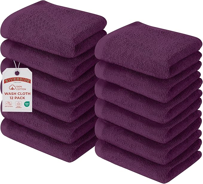 RIVERSIDE Pack of 12 Washcloths, 12 x 12 Inches, 100% Cotton, Premium Flannel Face Cloths, Highly Absorbent & Soft Feel Fingertip Towels (Purple Passion, 12 Pack)