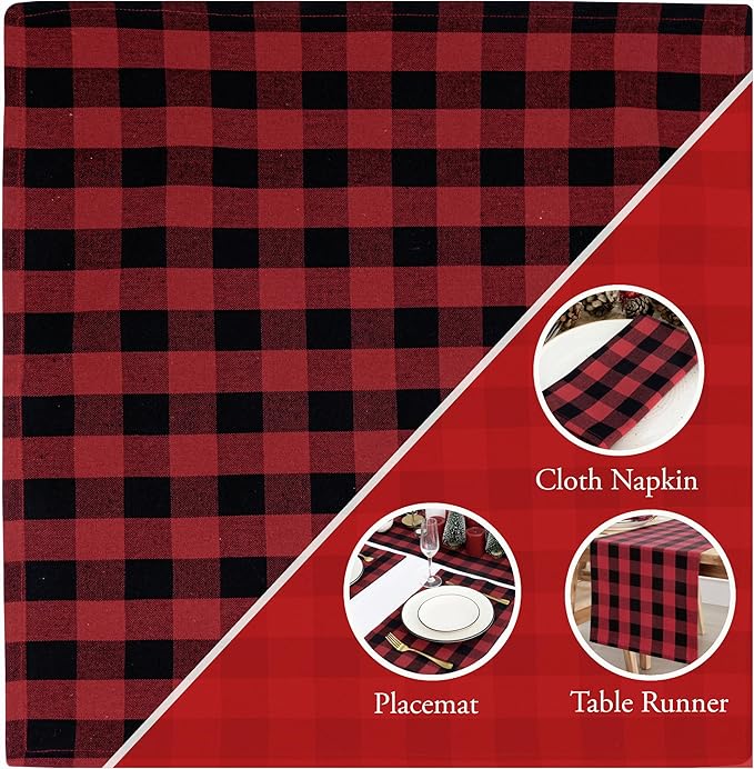 PurpleEssences Buffalo Plaid Cloth Napkins - Mitered Corners - Spring Easter Summer - Gingham Check Dinner Napkin - Set of 12-100% Cotton - 18x18 Inch - Reusable Washable - Red and Black