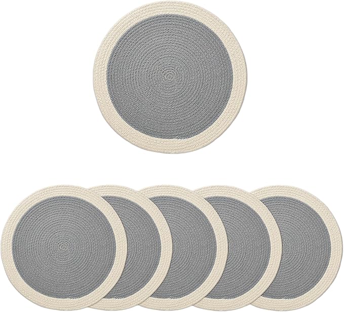 Encasa XO Dining Placemats Set of 6 | Cotton Round Table Mat - 13 in Diameter | Light Grey & Off White | Handmade Rib Style Chargers for Dinner Plates