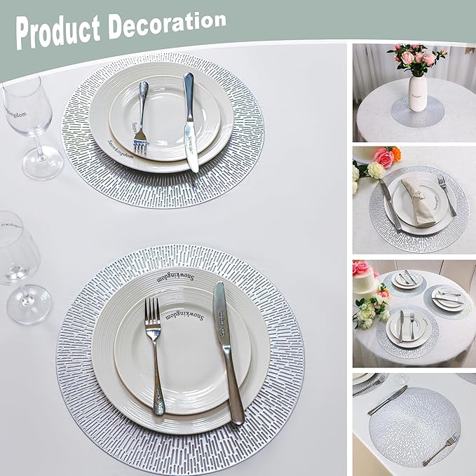 Snowkingdom Silver Placemats Set of 18, 15 Inch Round Metallic Hollow Vinyl Place Mats, Washable Wipeable Non Slip Kitchen Dining Table Mats for Christmas Thanksgiving Holiday Wedding Party Decoration