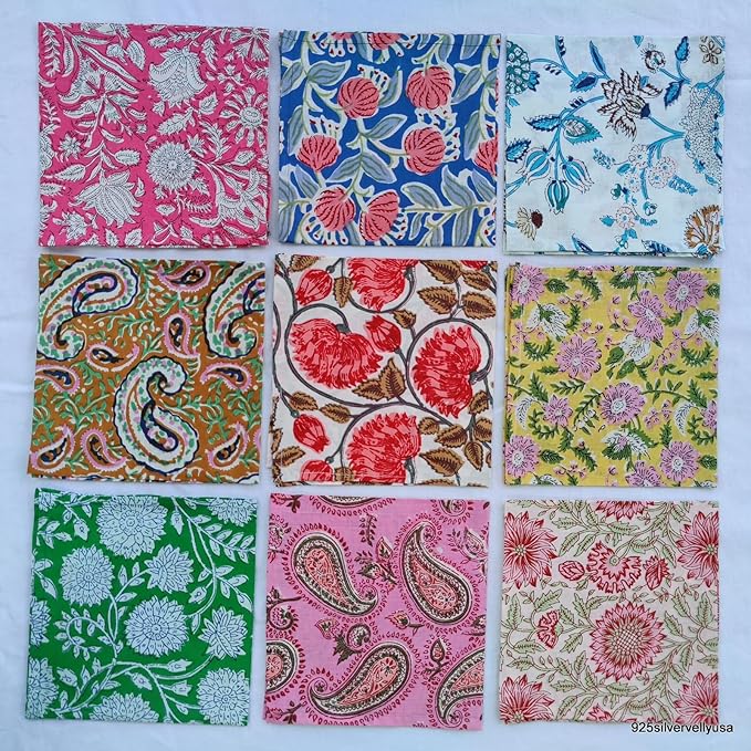 INDIANHANDICRAFTS 10 Pc Mix Lot Hand Block Print Napkin, 100% Cotton, 16x16 Inch, Multicolor Floral, Square, Napkin