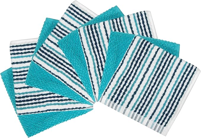 Bumble Premium Dish Cloths Towel 12"x12" | 100% Natural Ring Spun Cotton Tea Towel Set | 430 GSM | Highly Absorbent & Soft Dish Towels | 8 Pack - 4 Popcorn Striped & 4 Solid Kitchen Towels - Aqua