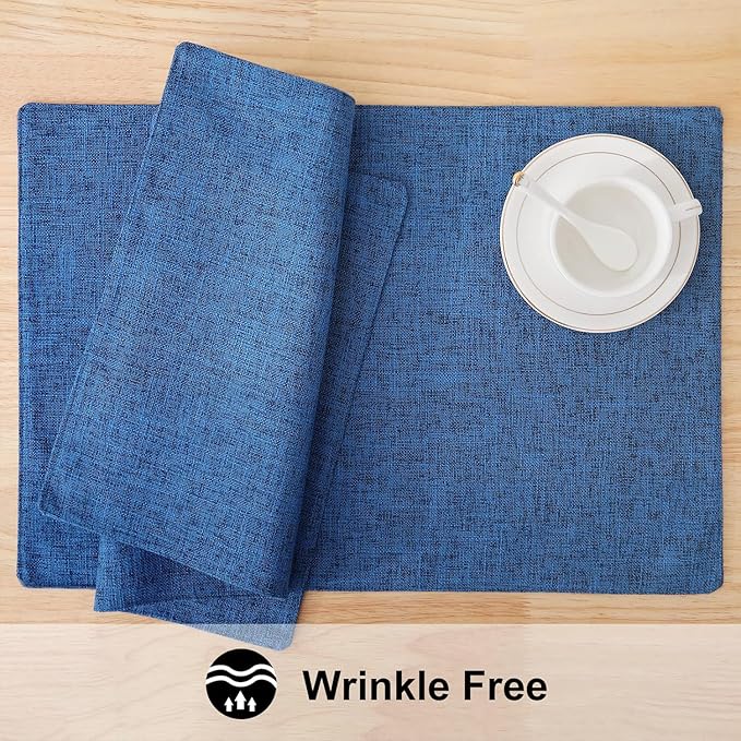 homing Cotton Linen Placemats Set of 6, Cloth Washable Farmhouse Dining Table Mats for Indoors & Outdoors, Easy to Clean, Navy Blue, 13 x 19 Inch