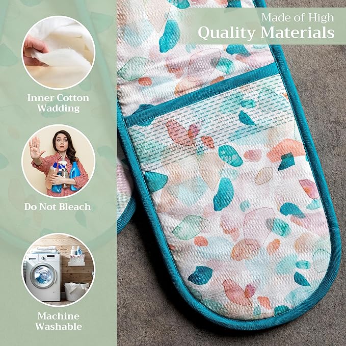 Maison d' Hermine Double Oven Mitts 100% Cotton 7"x35" Double Oven Mitt Heat Resistant BBQ Cooking Gloves with Loop Baking Grilling Gifts for Mothers Day Spring Summer (Summer Picnic)