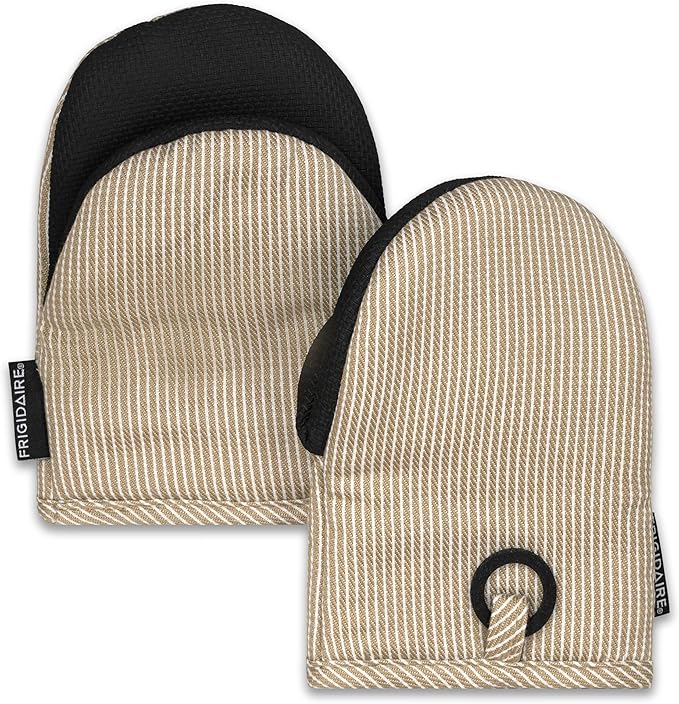 Frigidaire Layla 2-Pack Cotton and Neoprene Mini Oven Mitts, Heat Resistant, Anti-Slip, Machine Washable, 5.25" x 8", Beige, Set of 2