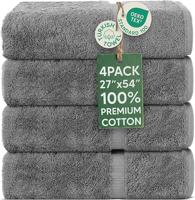 Chakir Turkish Linens | Hotel & Spa Quality 100% Cotton Premium Turkish Towels | Soft & Absorbent (4-Piece Bath Towels, Gray)