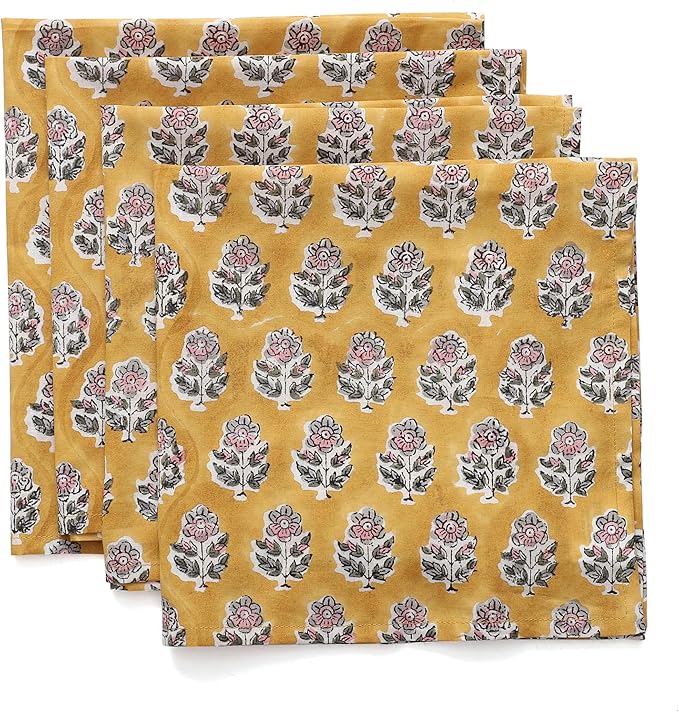 CPC Cloth Napkins 100% Cotton Set of 4 Reusable Napkins, Indian Block Print Toile Floral Dinner Napkin, Fall Thanksgiving Christmas Holiday Party Gift - Soft Absorbent Napkin, 18"x18" Yellow Citrine