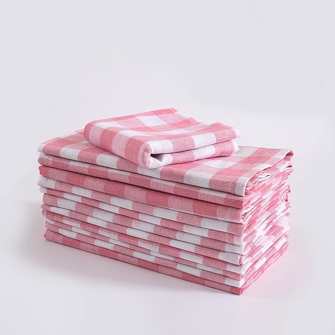FINGERCRAFT Cloth Napkins, Everyday Use, Premium Quality, Cotton Buffalo Plaid, Set of 12, 20X20 Inch Oversized Napkins Cloth Mitered Corners, Soft, Durable Hotel Quality Pink White Checkered