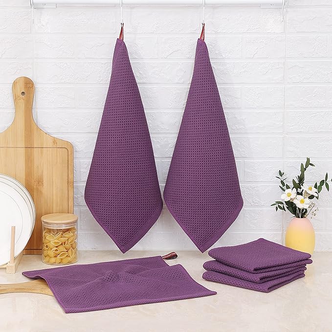 Kitinjoy 100% Cotton Kitchen Dish Cloths, 6 Pack Waffle Weave Ultra Soft Absorbent Dish Towels for Drying Dishes Quick Drying Kitchen Towels Dish Rags, 12 X 12 Inches, Violet