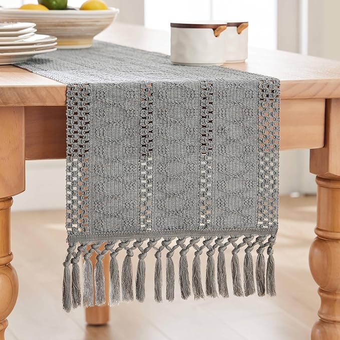 ZeeMart Macrame Style Boho Table Runner, Grey Table Runners 72 Inches Long, Farmhouse Woven Home Decor, 12x72 Inch, Grey