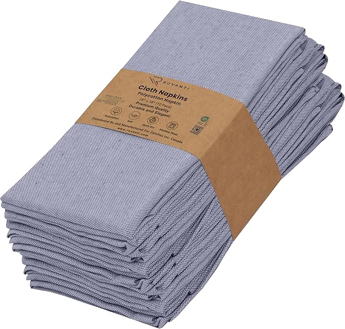 Ruvanti Cloth Napkins Set of 12, 18x18 Reusable Napkins Cloth Washable, Soft & Durable Table Napkin, Poly Cotton Fabric Dinner Napkins for Parties, Christmas, Thanksgiving, Weddings - Steel