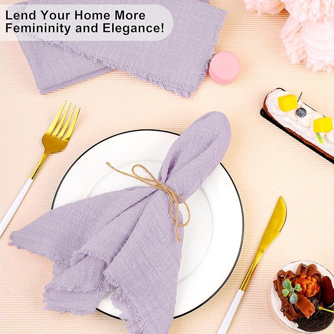 TURSTIN 24 Pieces Lavender Purple Cotton Linen Wedding Napkin Square Rustic Fringe Table Napkin for Dinners, Parties, Weddings