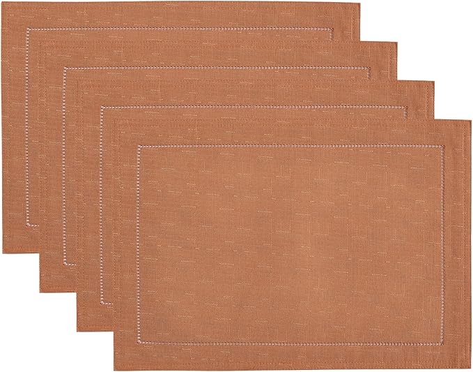 Elrene Home Fashions Alison Eyelet Border Design Cloth Wrinkle Resistant Fabric Placemat, Set of 4, 13"x19", Terracota