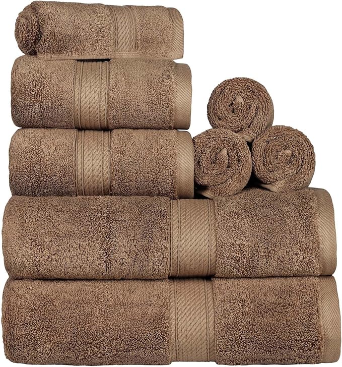 Superior Egyptian Cotton Pile 8 Piece Towel Set, Includes 2 Bath, 2 Hand, 4 Face Towels/ Washcloths, Ultra Soft Luxury Towels, Thick Plush Essentials, Guest Bath, Spa, Hotel Bathroom, Latte