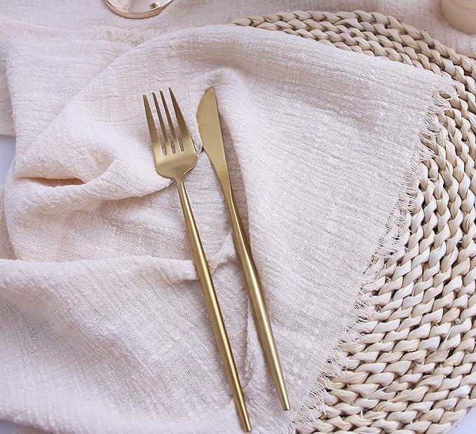 Fall Cloth Napkins with Fringe Set of 12,100% Soft Cotton,Washable Gauze Napkins Great for Weddings Decorative,Dinner Parties,Family Everyday Use (12 Pack, Beige)