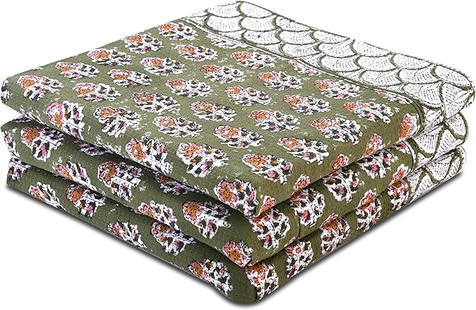 CPC Jade Green Hand Block Print Waffle Kitchen Towel Set of 3-16 x 28 Inch Ultra Absorbent Quick Dry Cotton Dish Towels Lightweight Reusable Sustainable Tea Towels for Cleaning and Drying