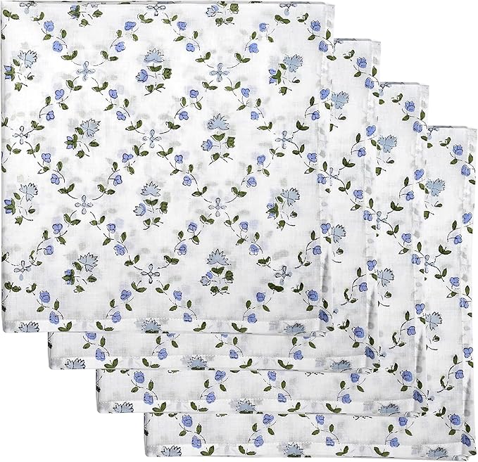 Ridhi Powder Blue Hand Block Print 100% Cotton Napkins 18" x 18" (Set of 4) Reuseable Kitchen Napkins Cloth Decor Dinner Party Wedding Cocktail Gift for Spring, Easter, Valentine