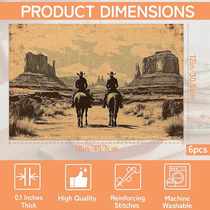 Vintage Western Cowboy Placemats Set of 6,Waterproof Heat Resistant Dining Table Plate Mat for Home Kitchen Dining Table 12x18Inch