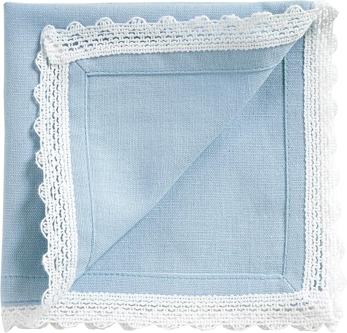 Fingercraft Dinner Cloth Napkin Cotton Linen Blend 12 Pack 12In Mitered Corners with Elegant Lace for Everyday Use Napkins Cloth are Pre Shrunk and Good Absorbency Sky Blue Easter Color