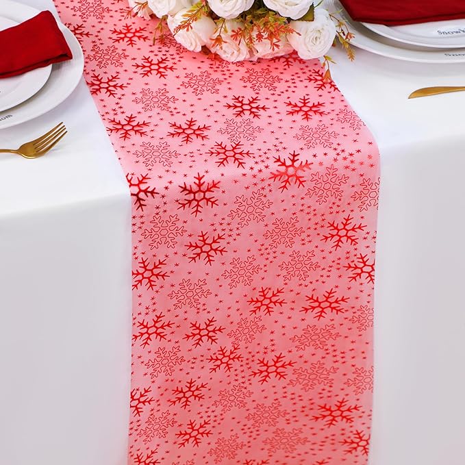 Snowkingdom 2 Pcs Christmas Red Snowflake Table Runner 108 Inch Sparkly Red Foil Glitter Metallic Mesh Runners Dining Kitchen Table Decorations for Seasonal Winter Xmas Festival Holiday Home Party