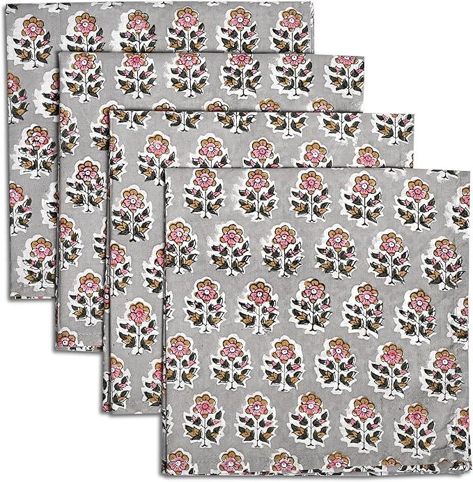 CPC Labra Gray Indian Block Print Cotton Cloth Napkins Set of 4, 18x18 Reusable Everyday Napkins, Soft, Absorbent, Floral Dinner Napkin, Holiday, Party Gift, Spring,Mother's Day