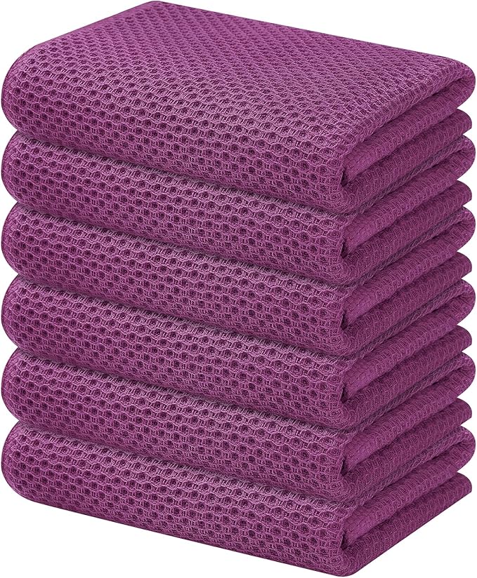 Kitinjoy 100% Cotton Waffle Weave Kitchen Hand Towels (13 X 28 Inches, Violet), 6-Pack Super Soft and Absorbent Dish Towel for Drying Dishes