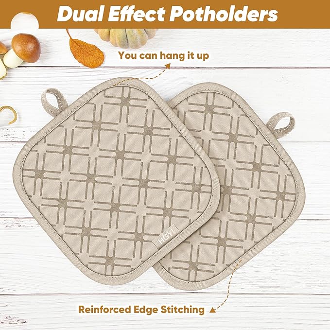 Oven Mitts and Pot Holders Set with Dishcloths, 500 Degree Heat Resistant Oven Gloves and Hot Pads, Premium Soft Cotton Kitchen Mittens and Dish Cloth Sets-Beige