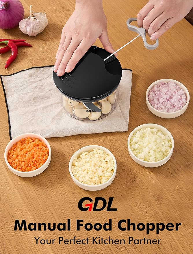 GDL Food Chopper, Pull Onion Chopper Dicer, Hand Powered Food Chopper, Fast Cutting Hand Chopper Mincer for Oinon, Garlic, Nut, 3.4 Cups 0.8L, Black