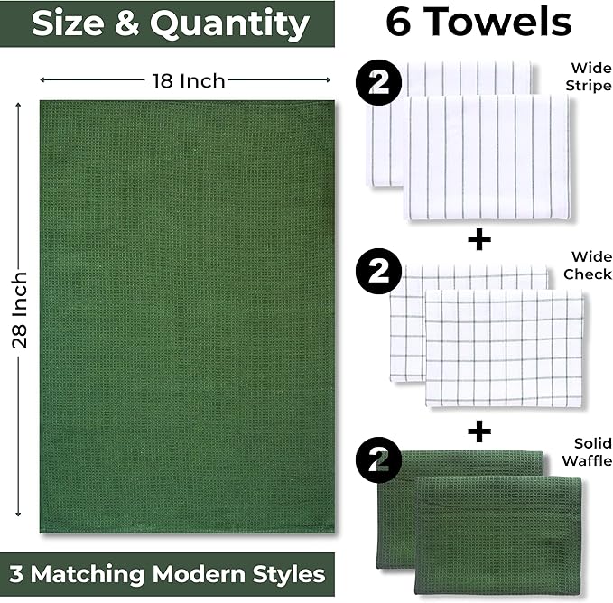 Cotton Dish Towels For Kitchen Drying - Highly Absorbent Wide Sage Green Striped Plaid Tea Towels - 18"X28" Set Of 6 Farmhouse Linen Dishtowels In Bulk - Pano De Prato Para Cozinha - T Towles Towls