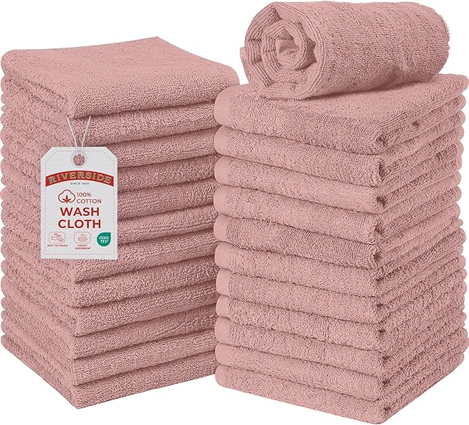 RIVERSIDE Pack of 24 Wash Cloths for Showering, 12 x 12 Inches, Super Soft & Absorbent, 100% Cotton Washcloths Premium Quality Flannel Face Cloths for Bathroom, Gym, Spa (Blush Pink, 24 Pack)