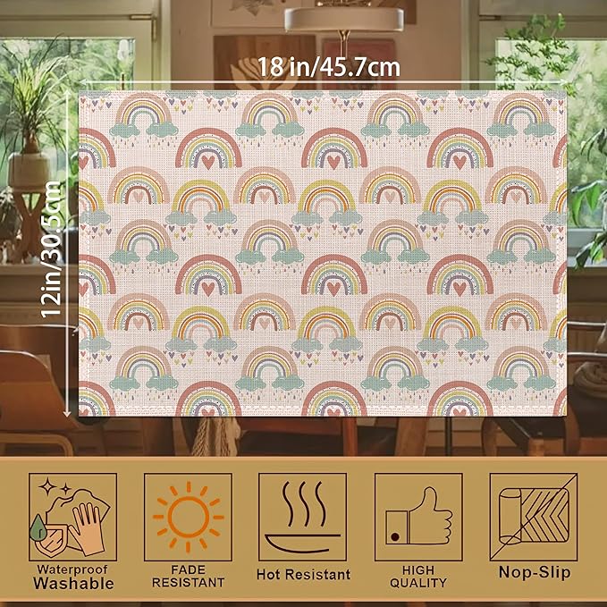 Rainbow Heart Placemats,Boho Whimsical Table Mats Set of 6,12x18 Inch,Waterproof Oil-Proof Washable and Reusable Linen placemats Holiday Party Kitchen Table Decorations
