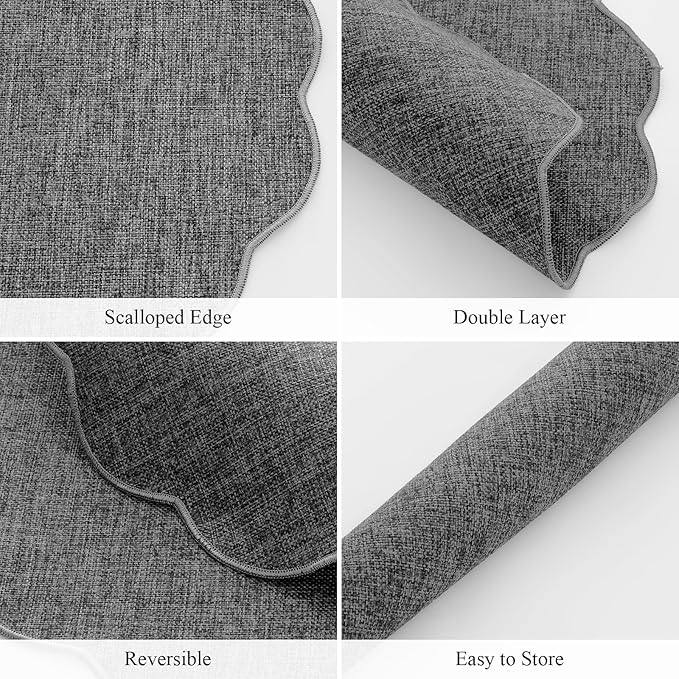 SHACOS Scalloped Round Placemats Set of 6 Polyester Linen Blend 15 inch Washable Non Slip Place Mats Easy Clean Heat Resistant Table Mats for Kitchen Dining Table Decor, Grey