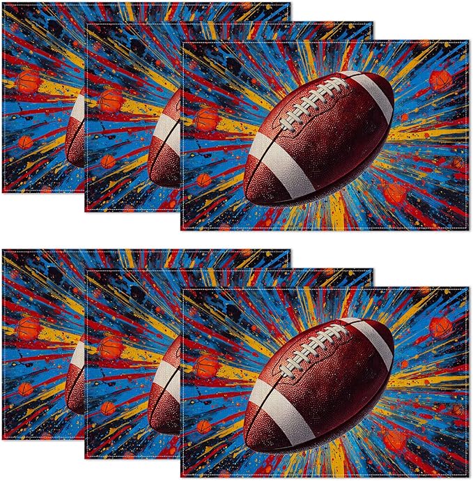Colorful American Football Placemats Set of 6,12 x 18 Inch Table Mats Washable Heat Resistant Linen Fabric Rectangle Place Mat for Party Home Kitchen Dining