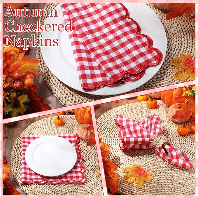 SmoothNovelty 12 Pack Buffalo Plaid Cloth Napkins 18x18 Inch Spring Checkered Cloth Napkins Scalloped Soft Cotton Table Mat Washable Reusable for Dinner Wedding Birthday Parties (Classic,Red)