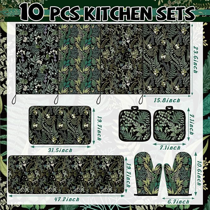 VitalCozy 10 Pcs Sage Black Kitchen Decor Set Black Kitchen Towels and Rugs Oven Mitts Pot Holders Absorbent Towels for Baking Cooking BBQ Gifts Home Decor
