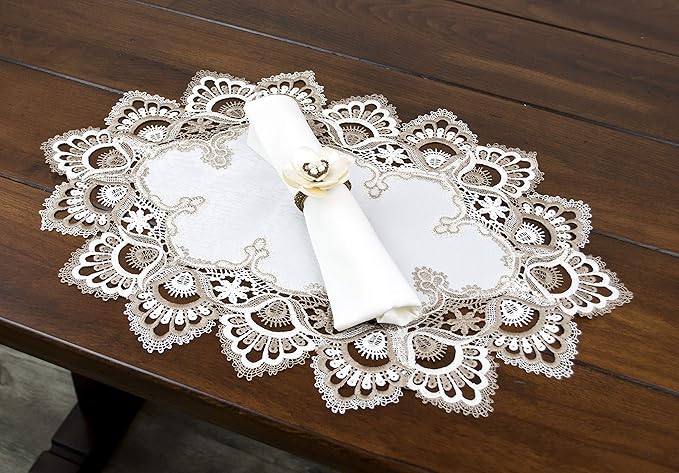 LINENS ART AND THINGS Lace Placemats Cocoa Earth Tone and White Jacquard European Peacock Dresser Scarf Doily (12Wx21L Set of 2)