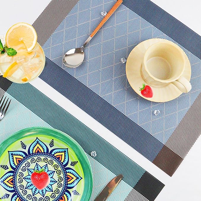 CADONO Placemats Set of 6 Washable Indoor/Outdoor Vinyl Place Mats for Dining Table Durable Non-Slip Heat Resistant PVC Weave Table Mats（Rhombus-Blue）