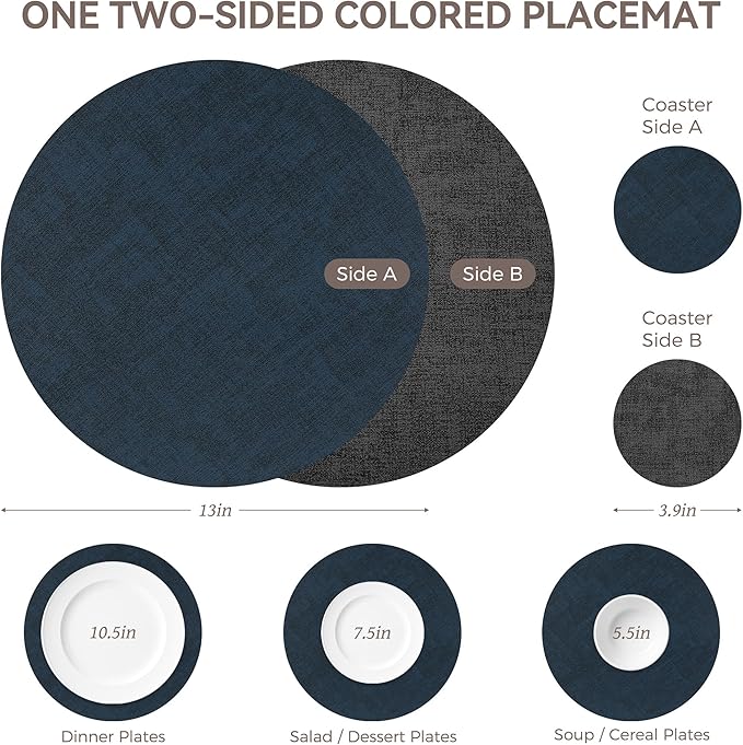 13" Round Placemats Set of 6, NCUE Dual-Sided Faux Leather Heat Resistant Table Mats, Waterproof Oilproof Washable Protective Table Placemats with Coaster, Wipeable Vinyl for Indoor & Outdoor Use