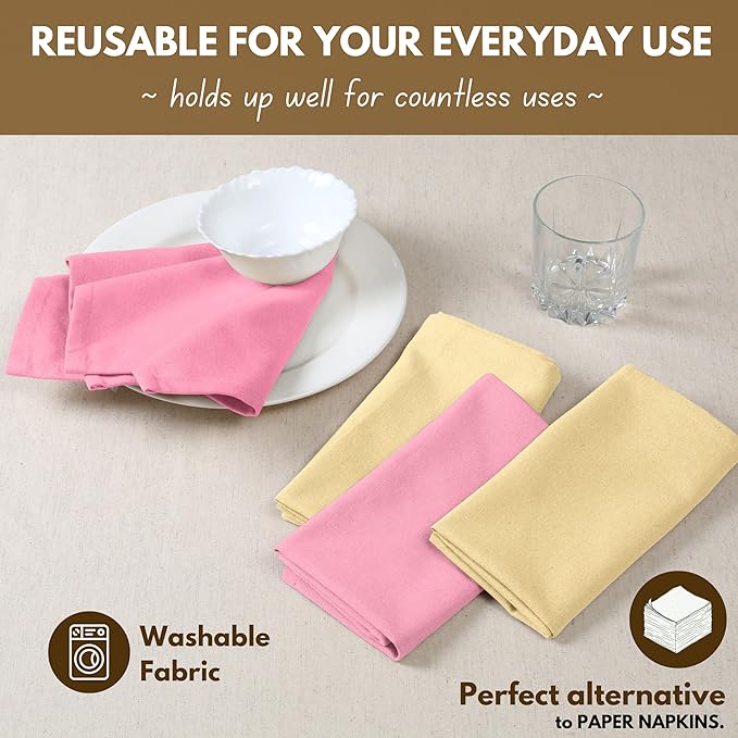 Native Fab Easter Cloth Dinner Napkins, 4 Pack, 100% Cotton, 17x17 Inches, Soft, Absorbent, Reusable Table Linen, Perfect for Easter Brunch, Spring Parties, Everyday Meals, Baby Pink & Pale Yellow