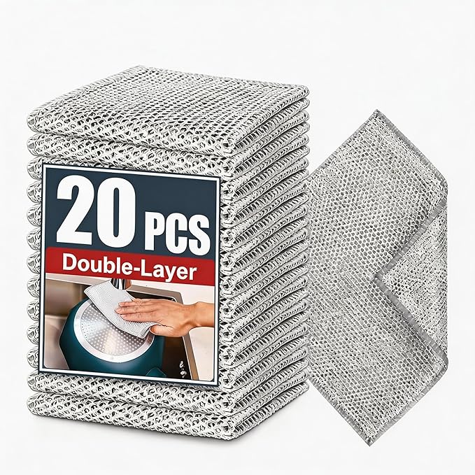 Double-Layer Steel Wire Cleaning Cloth - Non-Scratch Wire Dishcloth Rag Heavy Duty Scrub Pads Multi-Purpose Silver Mesh Scouring Pads for Dishes, Pots, Pans (20)
