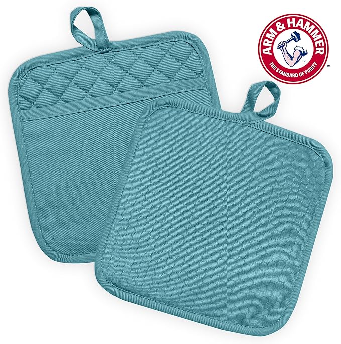 Arm & Hammer Quilted Pot Holders, Heat Resistant, Non-Slip Silicone Grip, 2 Pack, Teal