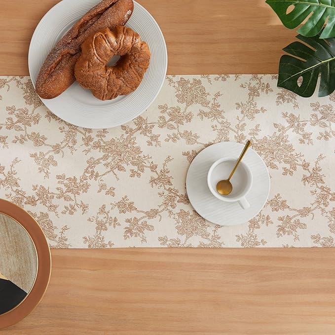 100% Cotton French Pastoral Table Runners, 13x108 Inch Brown Farmhouse Table Runners 108 Inches Long, Vintage Flowers Print Home Decors