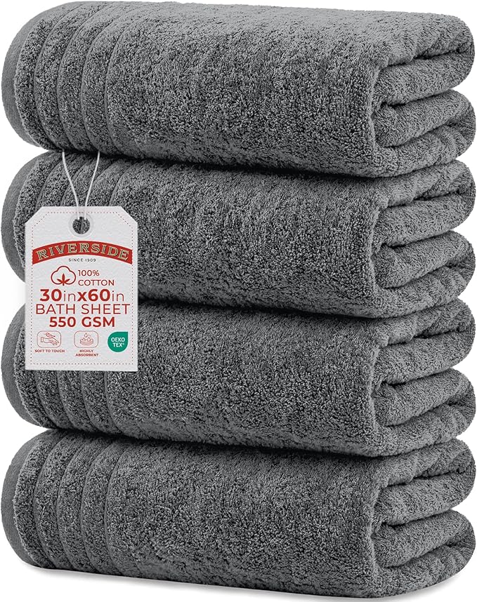 RIVERSIDE Pack of 4 Premium Extra Large Grey Bath Towels 30 x 60 Inches, 100% Cotton, Super Soft & Highly Absorbent, Larger & Lighter Weight, Quicker to Dry, Perfect for Bathroom