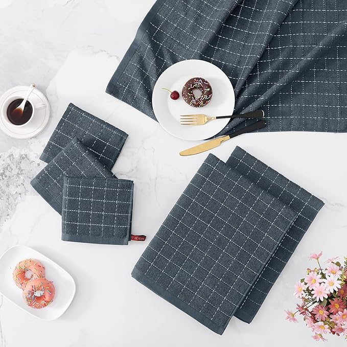 Homaxy Kitchen Towels and Dishcloths Set, 12 x 12 and 20 x 28 Inches, Set of 8 Bulk Cotton Terry Kitchen Towels Set, Checkered Designed, Soft and Super Absorbent Dish Towels, Dark Grey