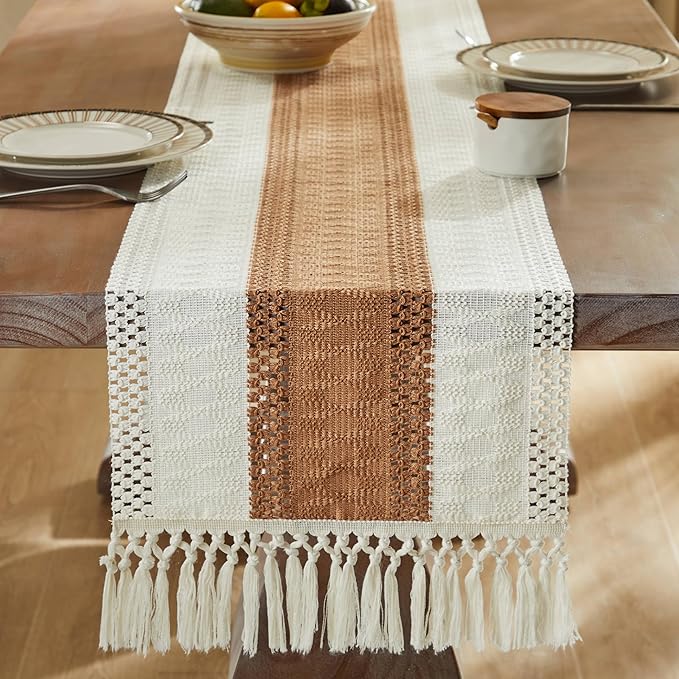 ZeeMart Macrame Style Bicolor Stitching Table Runner, 14 x 60 Inch Caramel/Ivory, Boho Caramel Table Runners 60 Inches Long, Farmhouse Woven Home Decor