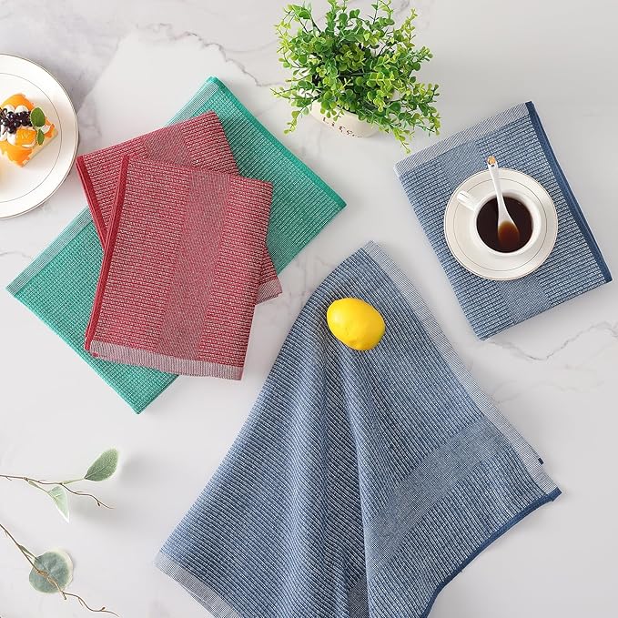 Mordimy Premium Kitchen Towels 6 Pack (18 x 28 Inches, Navy Blue/Red/Green), Large Cotton Flat & Terry Kitchen Hand Towel, Super Absorbent Tea Dishtowels Set with Hanging Loop