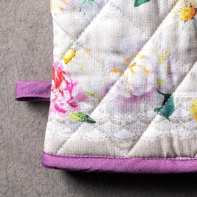 Maison d' Hermine 100% Cotton Oven Mitt & Pot Holder Set (7.5"x13" & 8"x8") Heat Resistant BBQ Cooking Gloves with Loop Baking Grilling Kitchen Gifts for Mothers Day Spring/Summer (Pivoine)
