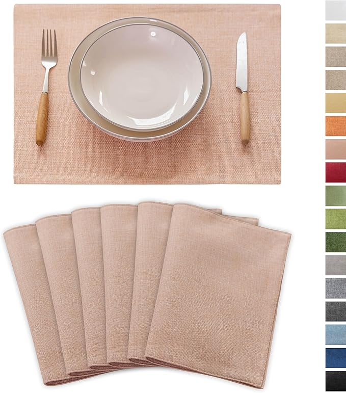 Demetex Pink Placemats Set of 6 Heat Resistant Linen Place Mats Washable Cloth Plate Mats for Dining Party Banquet Table Decorations, 13 x 19 inch, Pink