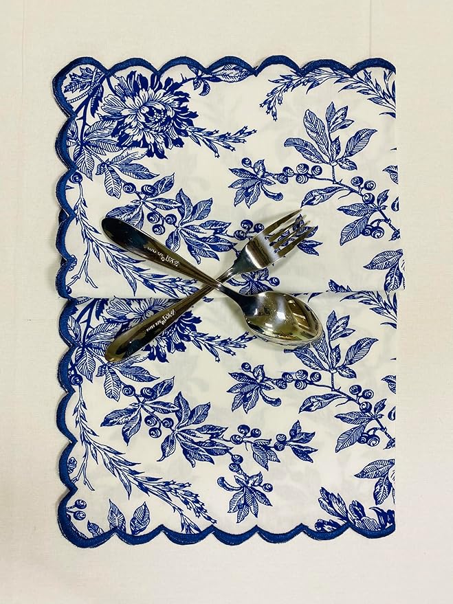 Ridhi Hand Block Print Incremental Blue 18" x 18" (Set of 4) Embroidery Table Napkins Reusable Cotton Dinner Napkins for Weddings, Parties, Everyday Dining Gift for Spring, Easter, Valentine